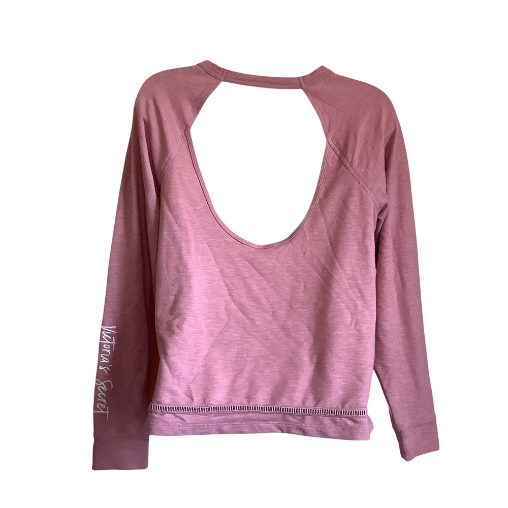 Victorias Secret Pink Open Back Long Sleeve Top Heart Slub Knit XS